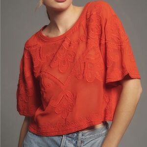 Anthropologie Vibrant Orange Embroidered Top